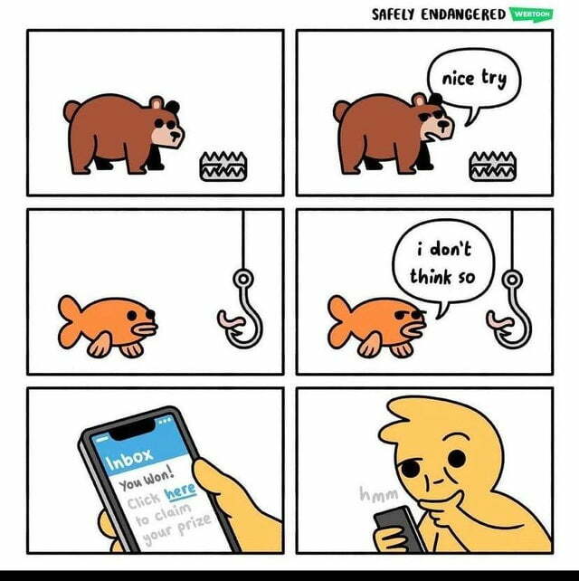 Comic featuring a bear avoiding a bear trap, a fish avoid a hook, and a human falling victim to a phishing scam